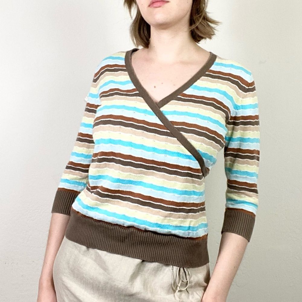 Vintage y2k Old Navy Brown & Blue Striped Surplice Eyelet Knit Blouse Shirt Top